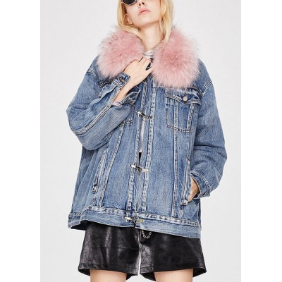 Fashion denim blue Pink fur collar Winter Duck Down Jacket