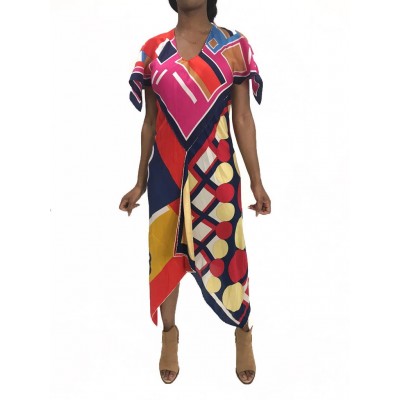 MORPHEW COLLECTION Pink & Blue Silk Poly Bias Cut Scarf Dress Made From 1970'S Geometric Scarves