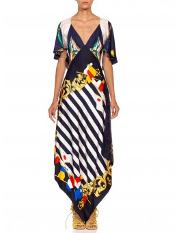 MORPHEW COLLECTION Navy Blue & White Silk Twill Stripe Versace Style Print 3-Scarf Dress