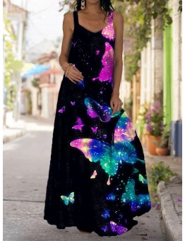 Fashionable women's black butterfly printed long dress with long sleeves HF2313-02-03