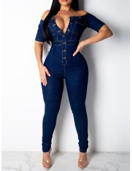 Collar Short Sleeve Buttons Bodycon Denim Jumpsuit Overalls HF2616-02-02