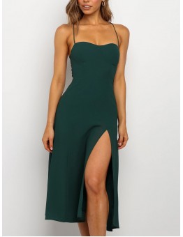 Retro shoulder strap side slit suspender dress HF2704-01-01