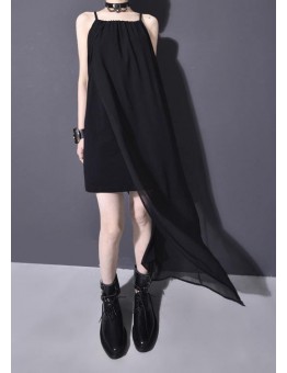 Women black chiffonTunic side open Dresses summer sleeveless Dresses