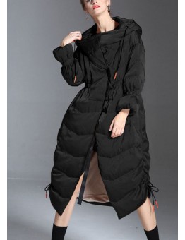 Trendy Black hooded drawstring slim fit Winter Duck Down down coat