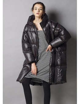 Unique Black hooded zippered Casual Winter Duck Down Thick down coat