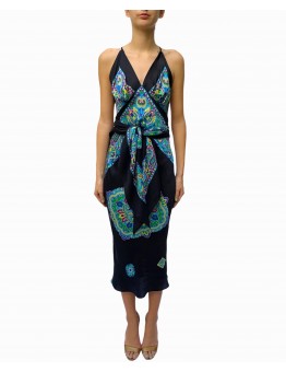 MORPHEW COLLECTION Black & Blue Multicolored Silk Twill Print Scarf Dress Made From Vintage Scarves