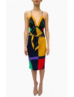 MORPHEW COLLECTION Black, Yellow, Green & Red Silk Geometric Scarf Dress Made From Louis Feraud Vintage
