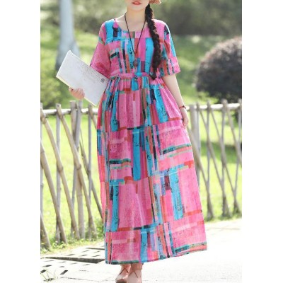 Modern pink prints cotton linen quilting clothes fine Work tie waist Maxi summer Dress