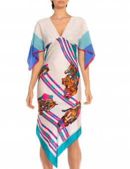 MORPHEW COLLECTION White & Blue Silk Twill Polo Two Scarf Dress Made From Vintage Scarves