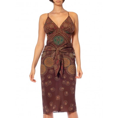 Morphew Collection Chocolate Brown, Red & Green Silk Scarf Dress Made From Valentino Vintage