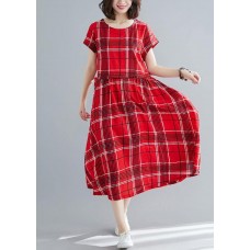 French red plaid linen cotton quilting clothes big hem Dresses summer Dresses