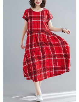 French red plaid linen cotton quilting clothes big hem Dresses summer Dresses
