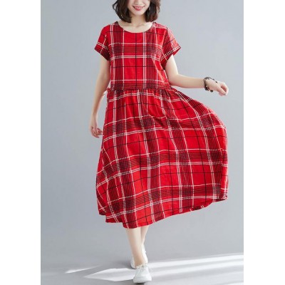 French red plaid linen cotton quilting clothes big hem Dresses summer Dresses