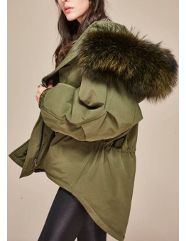 Trendy Army Green hooded Raccoon hair collar drawstring Winter Duck Down down coat