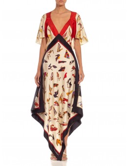 MORPHEW COLLECTION Black, Red & Cream Silk Shoe Print 2-Scarf Dress Made From Salvatore Ferragamo Vintage Scarves