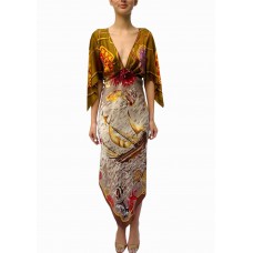 MORPHEW COLLECTION Gold Multi Silk Status & Scenic Print 2-Scarf Dress Made From Vintage Scarves