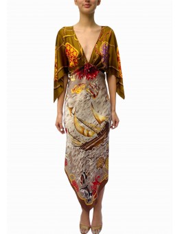 MORPHEW COLLECTION Gold Multi Silk Status & Scenic Print 2-Scarf Dress Made From Vintage Scarves