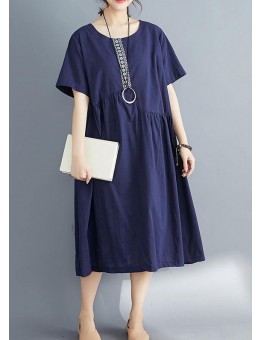 Style navy linen dress plus size Outfits o neck patchwork oversized Summer Dress