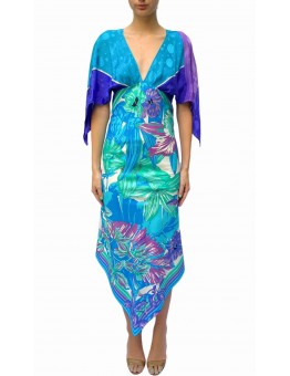 MORPHEW COLLECTION Blue & Purple Silk Floral 2-Scarf Dress Made From Pierre Cardin Vintage Scarves